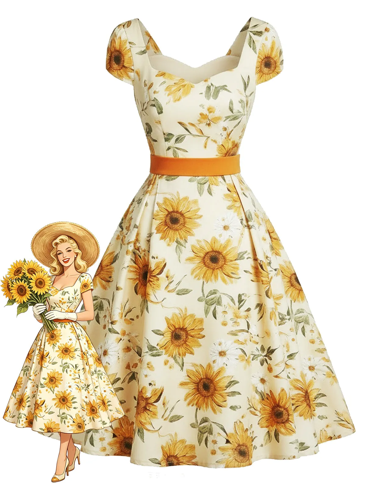 Orange 1950s Sunflower Sweetheart Neck Dress sold by Retro Stage