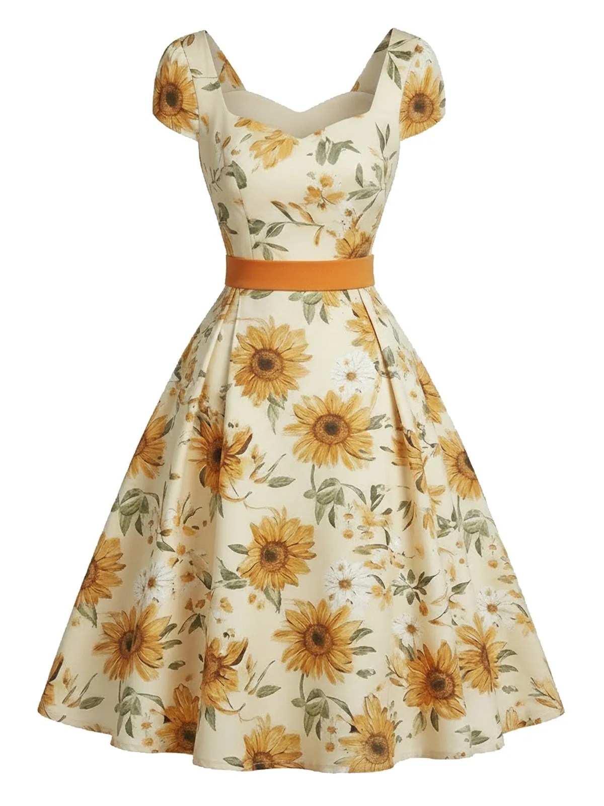 Orange 1950s Sunflower Sweetheart Neck Dress sold by Retro Stage product image thumbnail 2