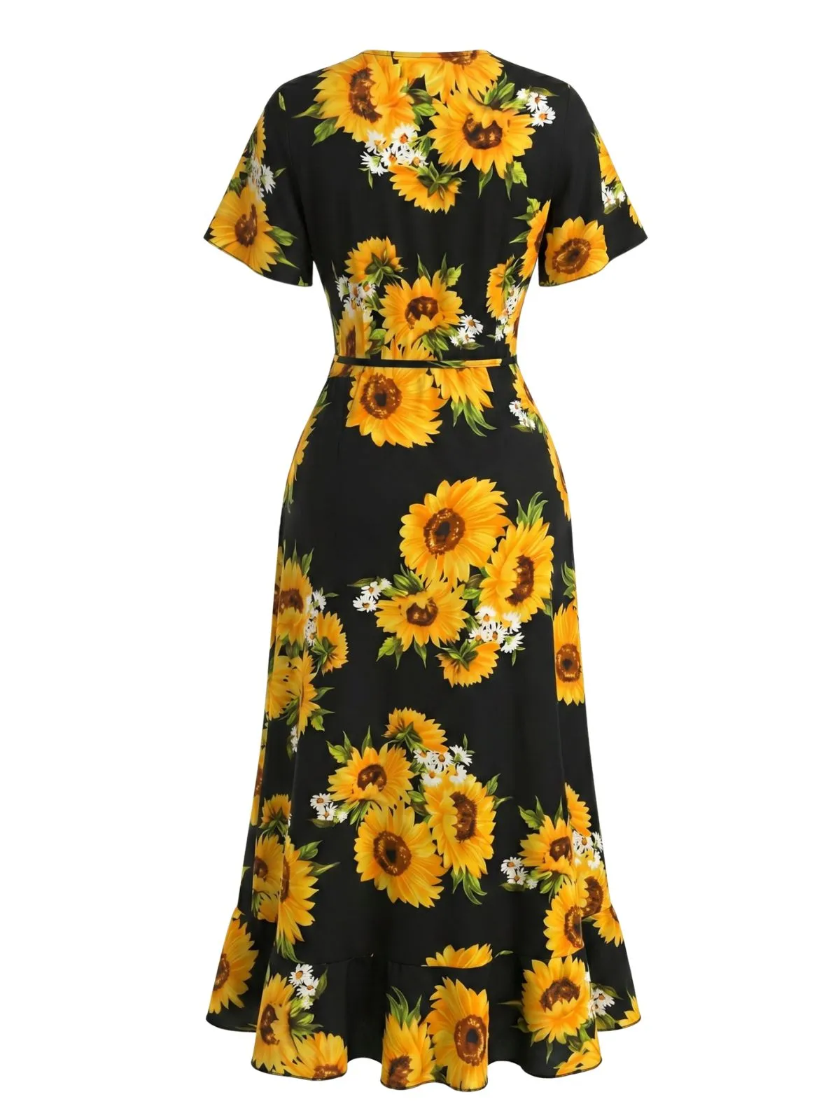 Black 1940s Sunflower Floral Wrap V Neck Midi Dress sold by Retro Stage product image thumbnail 3