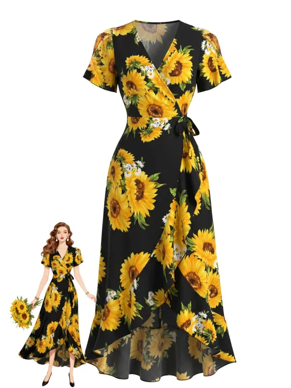 [Pre-Sale] Black 1940s Sunflower Floral Wrap V Neck Midi Dress made by Retro Stage