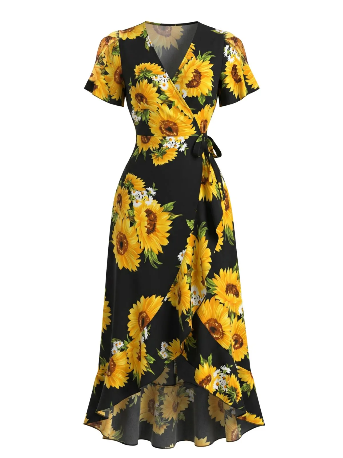 Black 1940s Sunflower Floral Wrap V Neck Midi Dress sold by Retro Stage product image thumbnail 2
