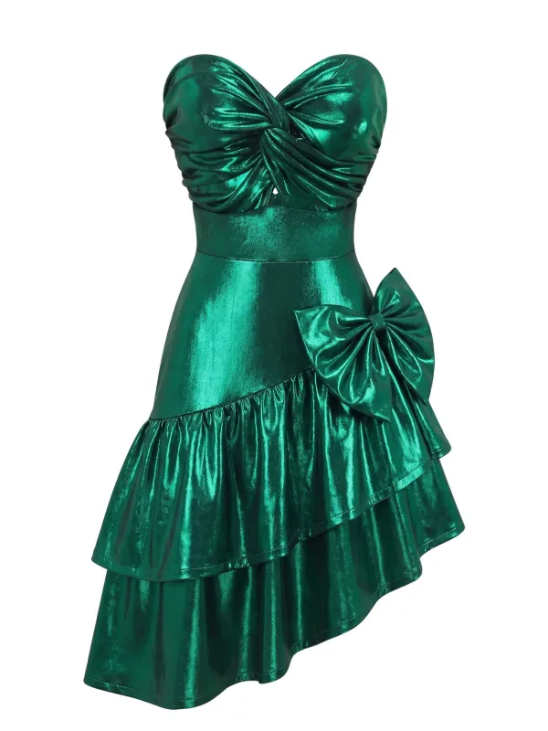 [Pre-Sale] 1980s Metallic Strapless Bow Asymmetrical Ruffle Dress made by Retro Stage