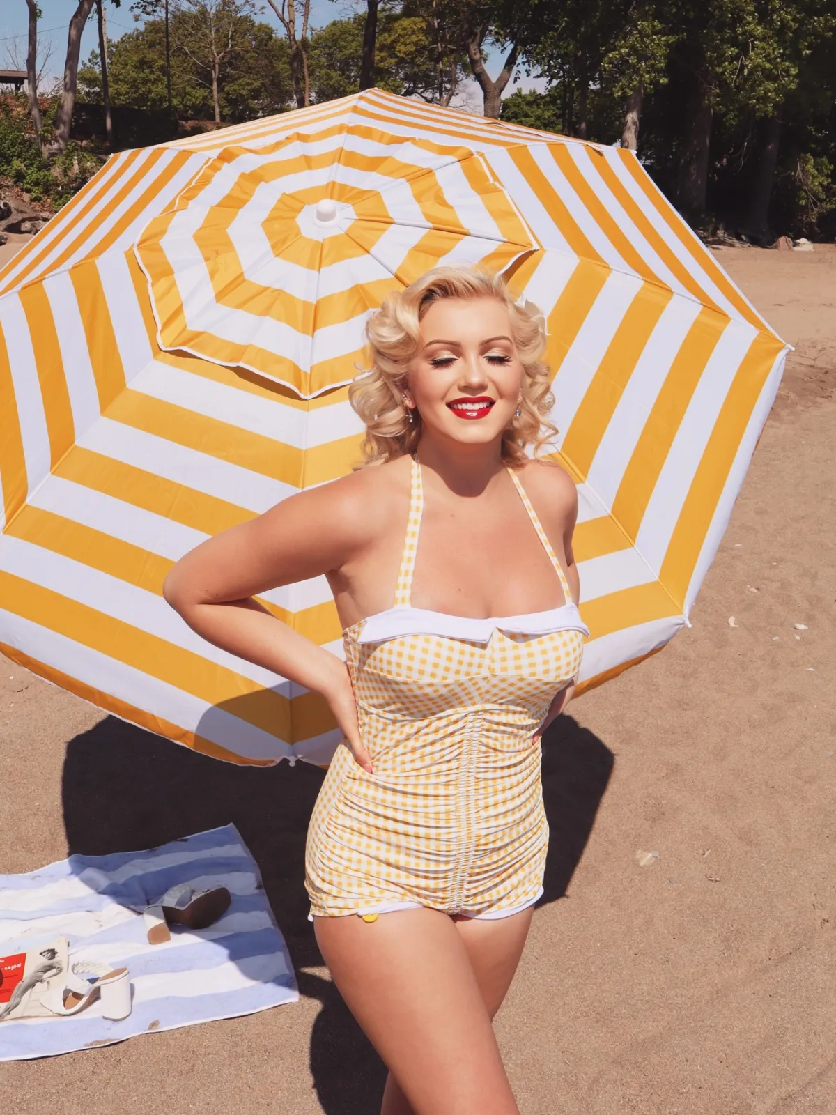 Gingham 1950s Halter Bowknot One-piece Swimsuit sold by Retro Stage product image thumbnail 5