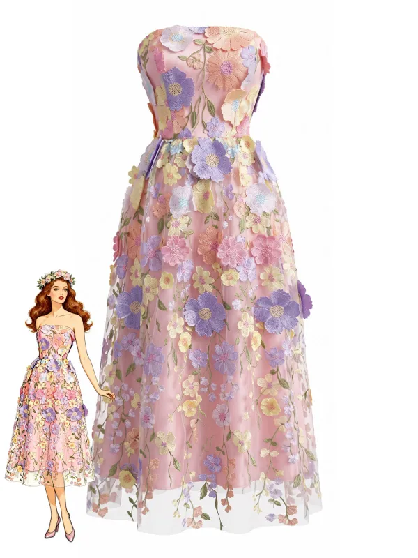 Pink 1940s Floral Bandeau Sleeveless A-line Dress made by Retro Stage