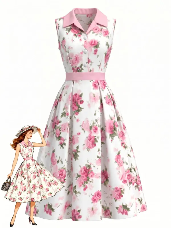 Pink 1950s Lapel Button Rose Sleeveless Swing Dress made by Retro Stage