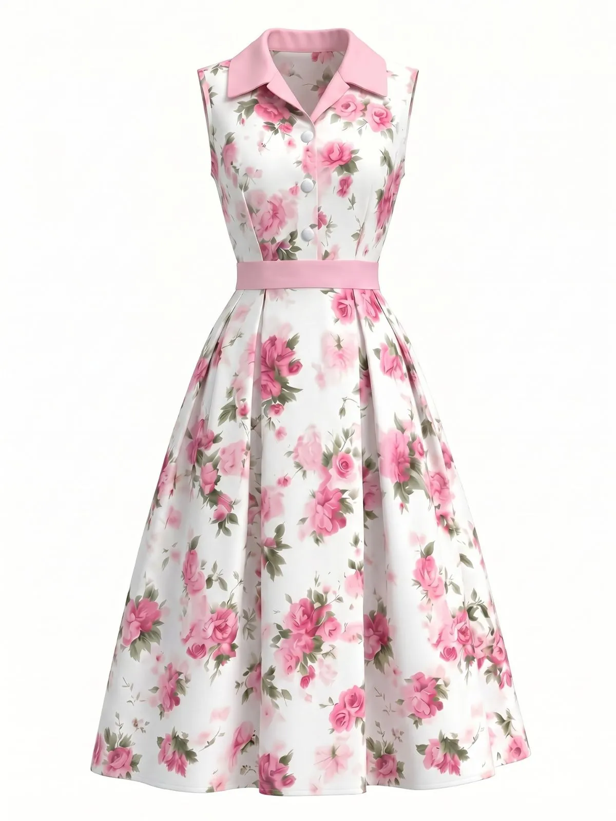 Pink 1950s Lapel Button Rose Sleeveless Swing Dress sold by Retro Stage product image thumbnail 2
