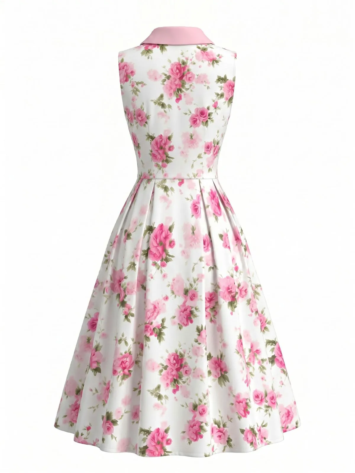 Pink 1950s Lapel Button Rose Sleeveless Swing Dress sold by Retro Stage product image thumbnail 3