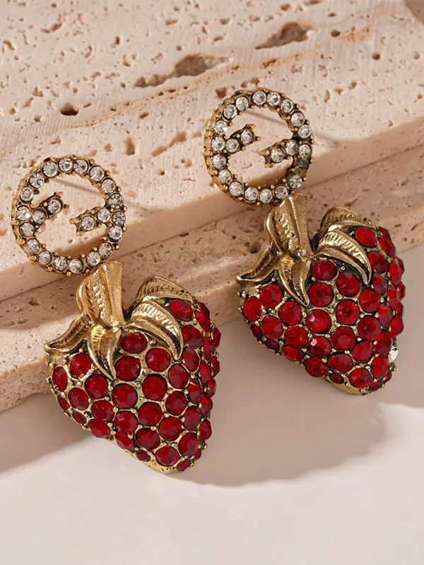 Red Strawberry Metal Rhinestones Earrings made by Retro Stage