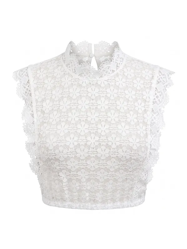 White 1950s Mock Neck Lace Floral Sleeveless Top made by Retro Stage