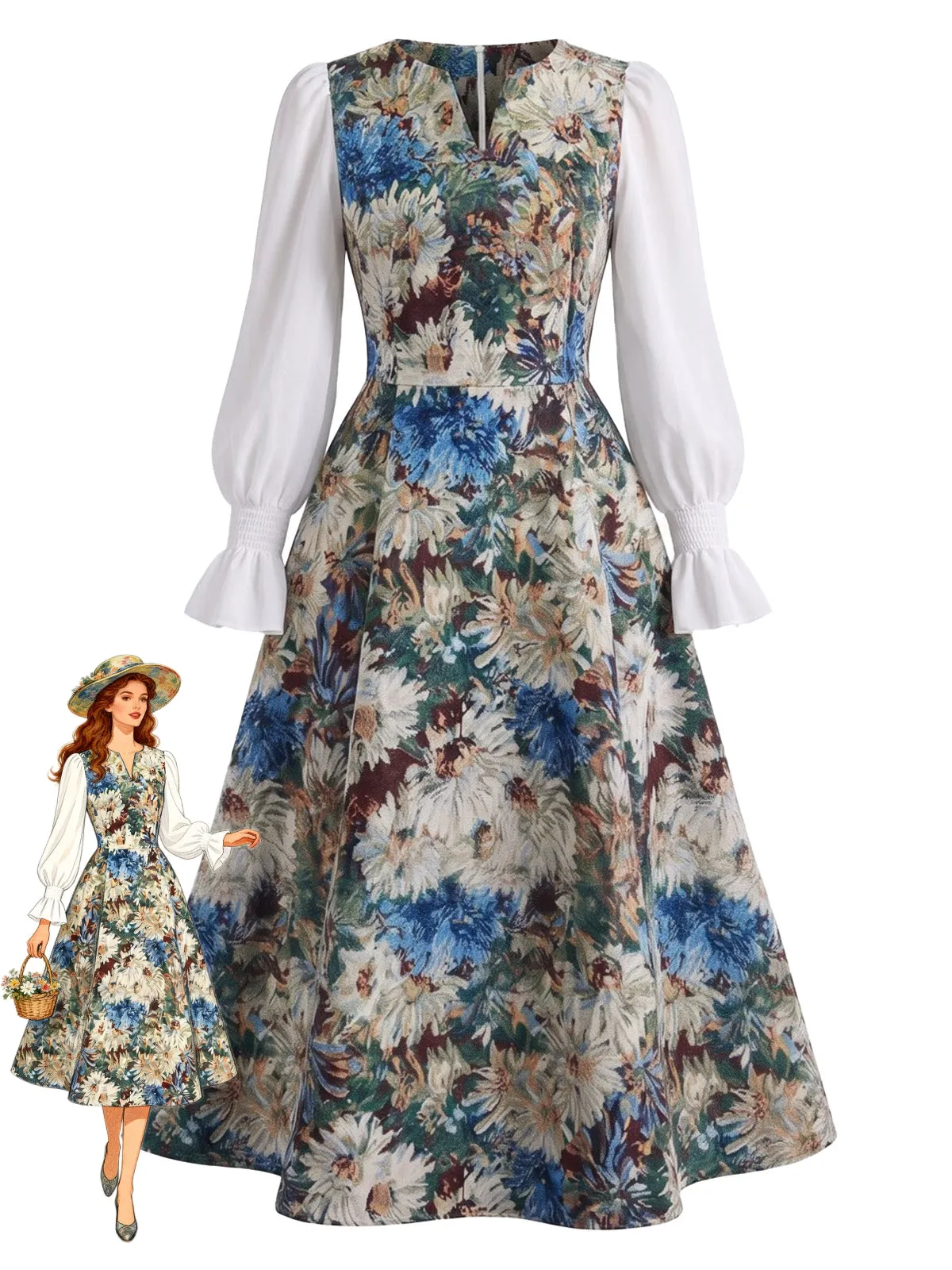 1950s Painterly Floral Print Faux Two-Piece Dress sold by Retro Stage