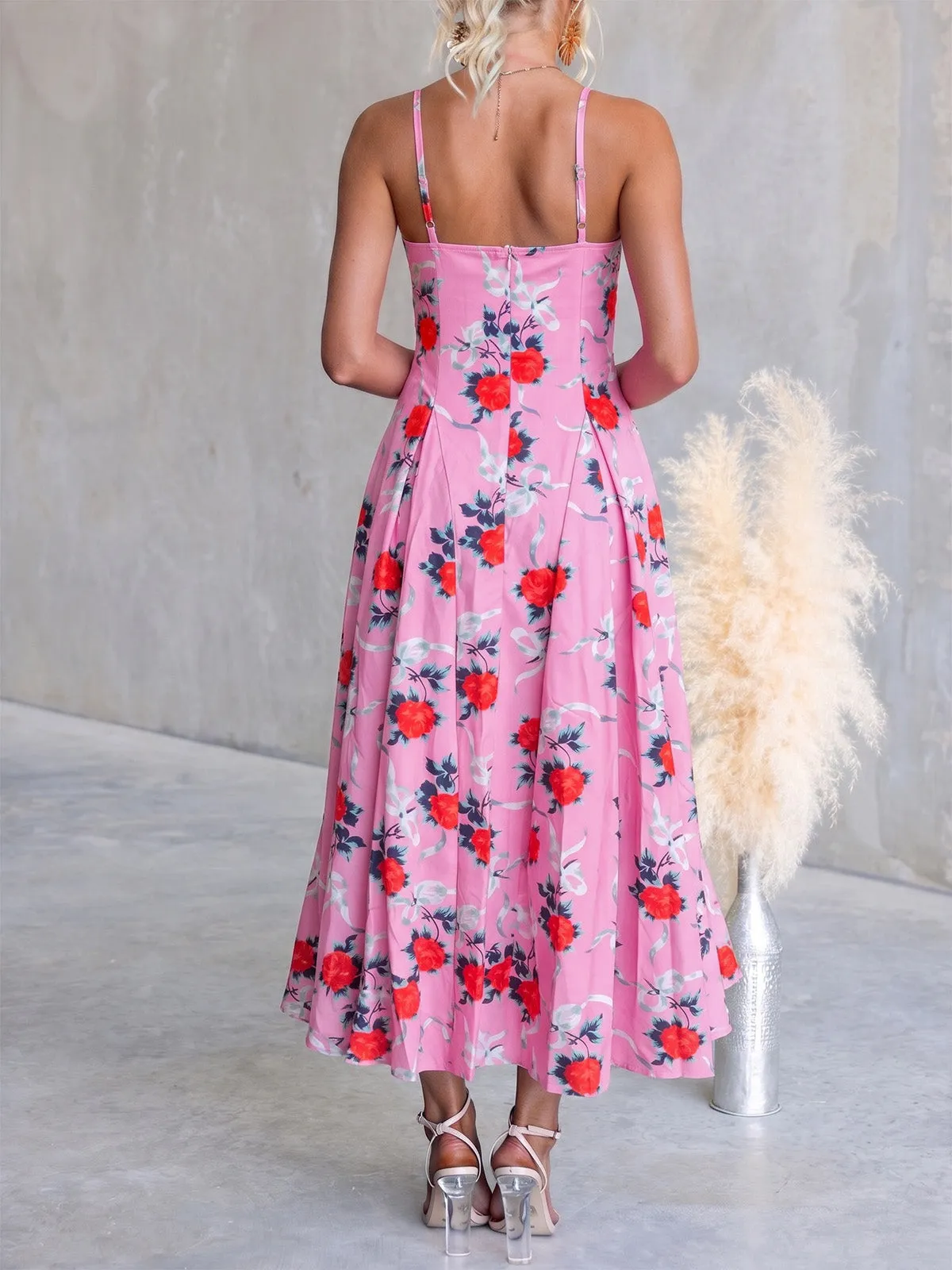 1940s Floral Sweetheart Neck Spaghetti Strap Midi Dress sold by Retro Stage product image thumbnail 5