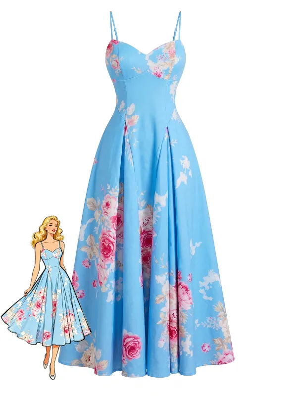 1940s Floral Sweetheart Neck Spaghetti Strap Midi Dress made by Retro Stage