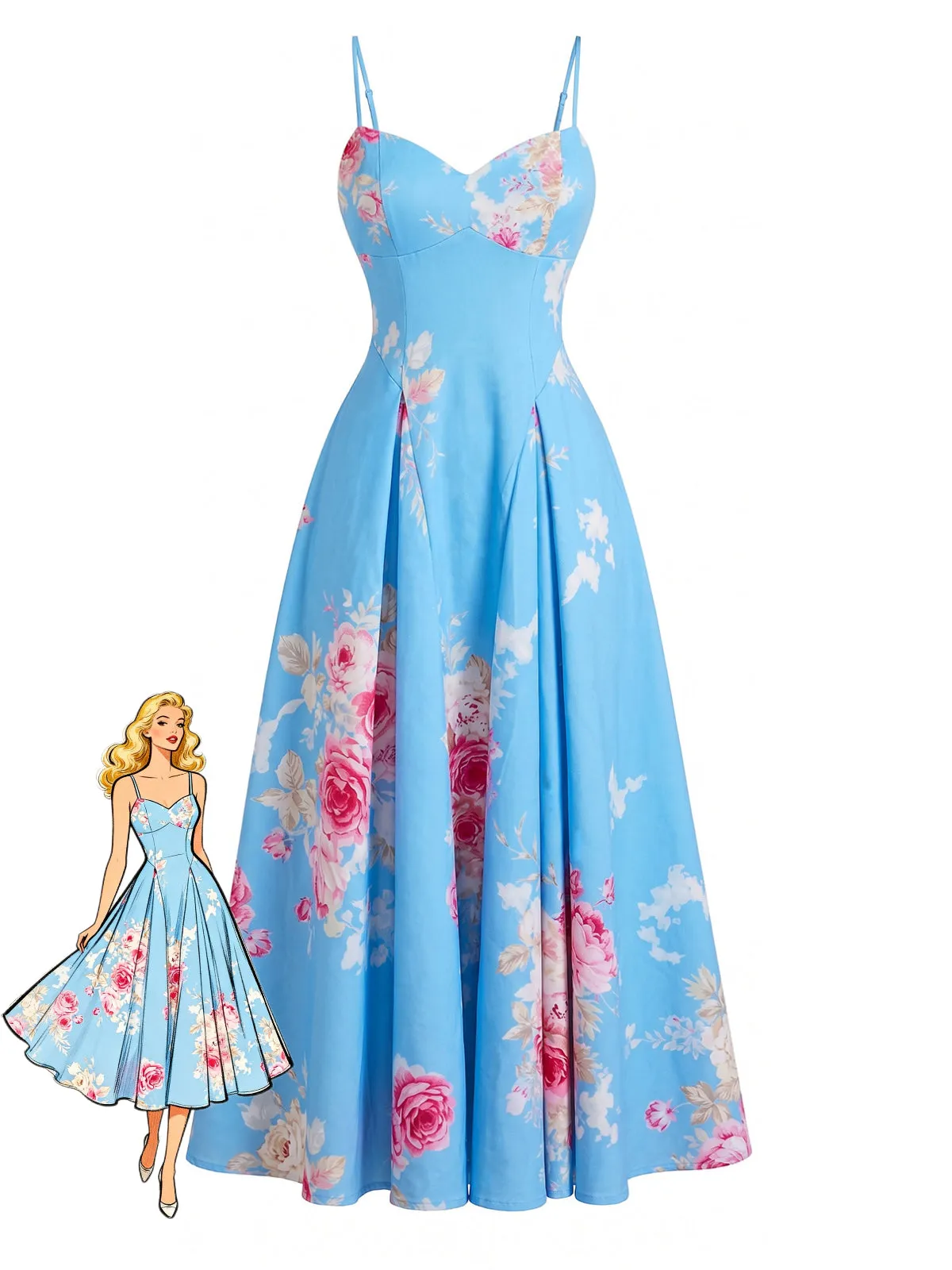 1940s Floral Sweetheart Neck Spaghetti Strap Midi Dress sold by Retro Stage