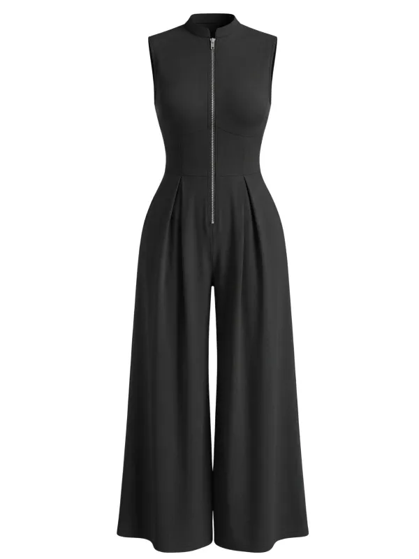 1940s Sleeveless Front Zipper Wide-Leg Solid Jumpsuit made by Retro Stage