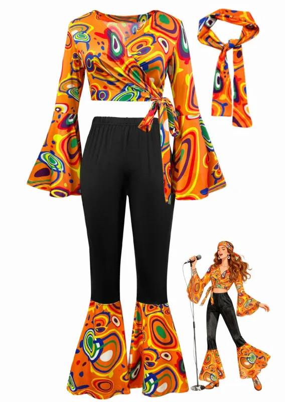 3PCS 1960s V-Neck Hippie Bell Sleeve Top & Flare Pants made by Retro Stage