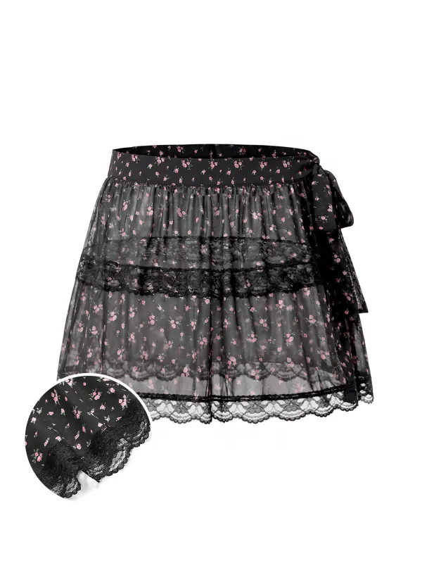 [Pre-Sale] Black 1950s Floral Sheer Lace-up Tiered Tulle Skirt made by Retro Stage