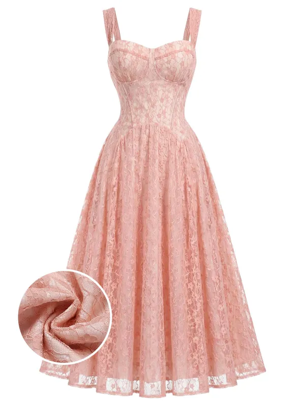 Pink 1940s Lace Sweetheart Neck Spaghetti Strap Corset Dress made by Retro Stage