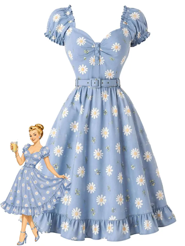 [Pre-Sale] Light Blue 1950s Daisy Floral Sweetheart Neck Dress made by Retro Stage