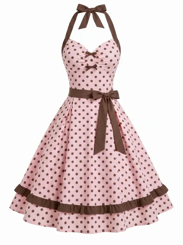[Pre-Sale] Pink 1950s Halter Polka Dot Bow Belted Dress made by Retro Stage