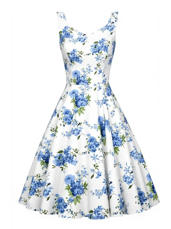 [Pre-Sale] White & Blue 1950s Floral Sleeveless Fit Flare Midi Dress made by Retro Stage
