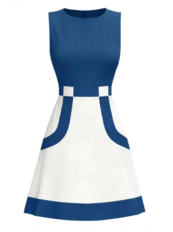 [Pre-Sale] Blue & White 1960s Colorblock Sleeveless Mod Dress made by Retro Stage