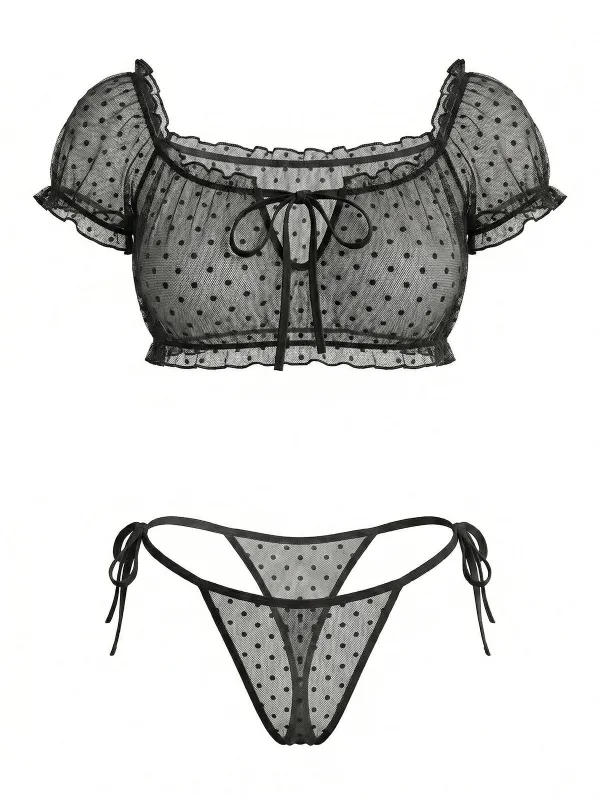 1950s Off-Shoulder Polka Dot Mesh Lingerie Set made by Retro Stage