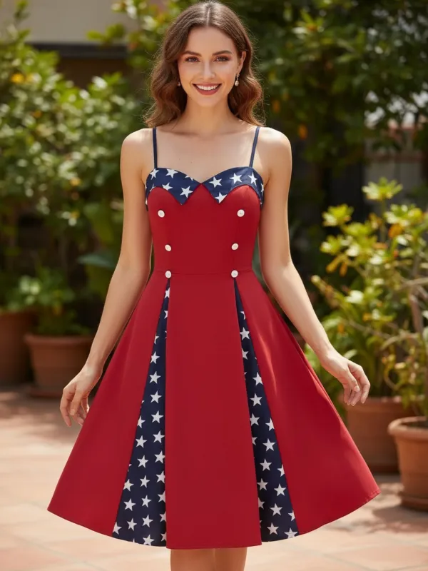 Red 1950s Stars Patchwork Strap Dress made by Retro Stage