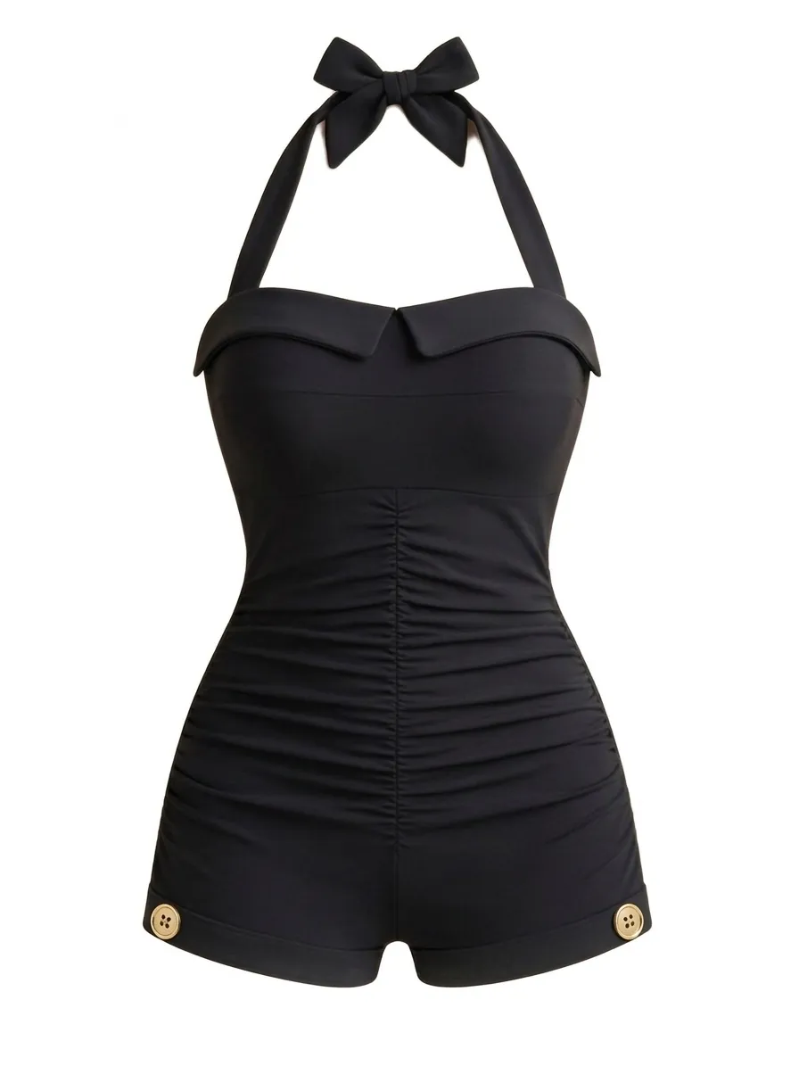 Black 1950s Halter Bowknot One-piece Swimsuit sold by Retro Stage product image thumbnail 2