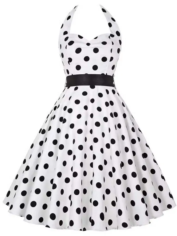 [Pre-Sale] White 1950s Halter Contrast Polka Dots Belted Dress made by Retro Stage
