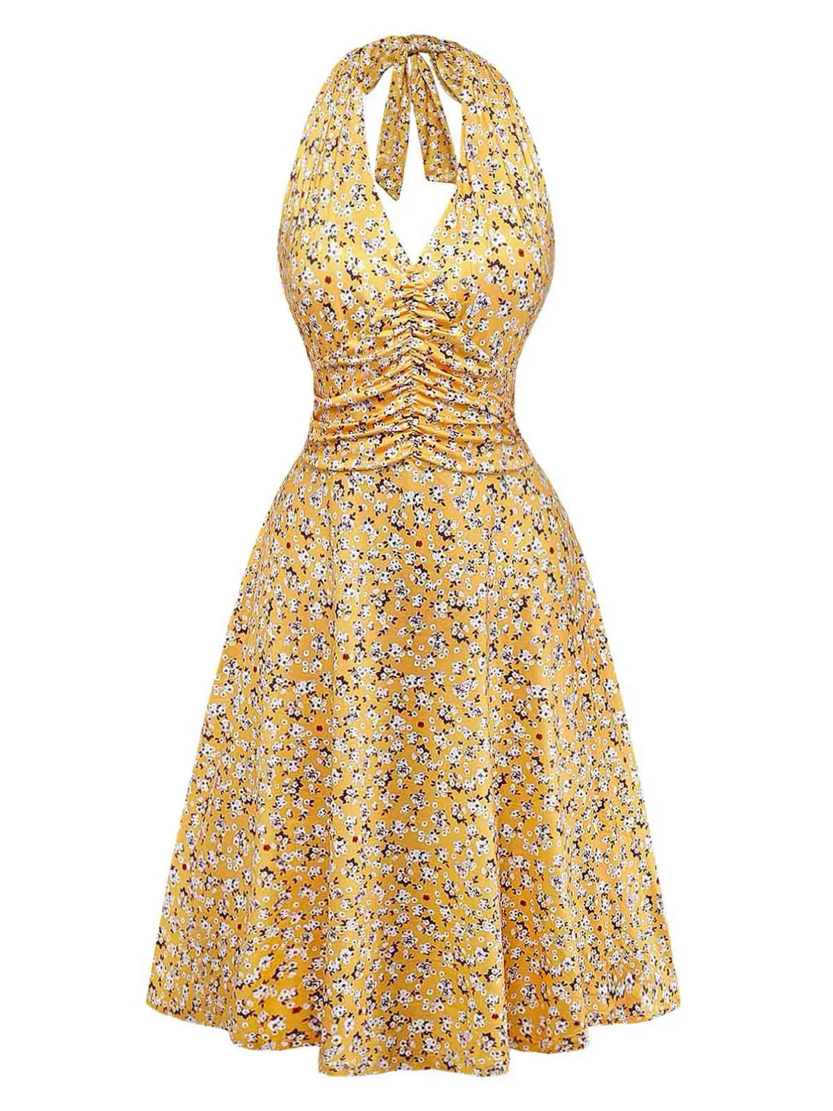Yellow 1950s Ditsy Floral Halter Ruched Waist Dress sold by Retro Stage product image thumbnail 2