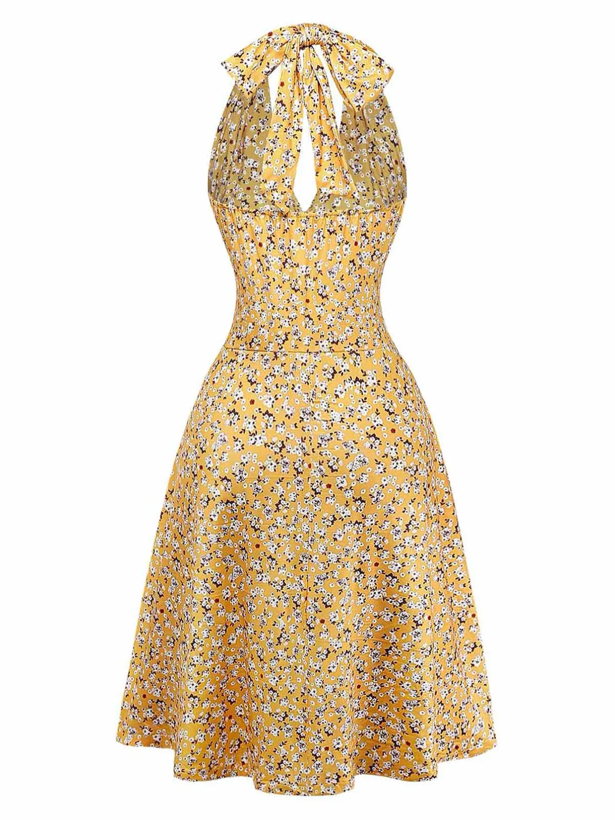 Yellow 1950s Ditsy Floral Halter Ruched Waist Dress sold by Retro Stage product image thumbnail 3