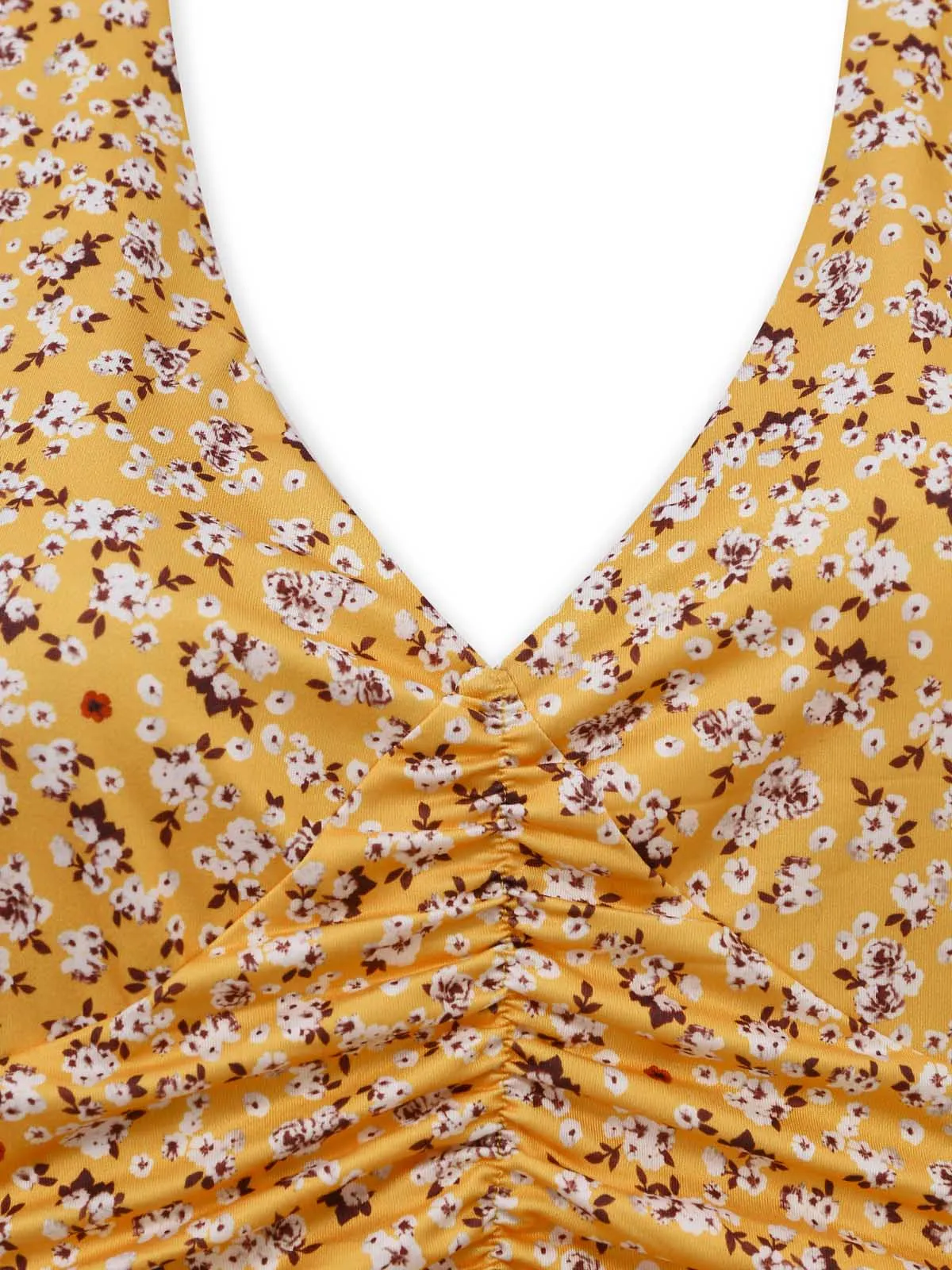 Yellow 1950s Ditsy Floral Halter Ruched Waist Dress sold by Retro Stage product image thumbnail 4