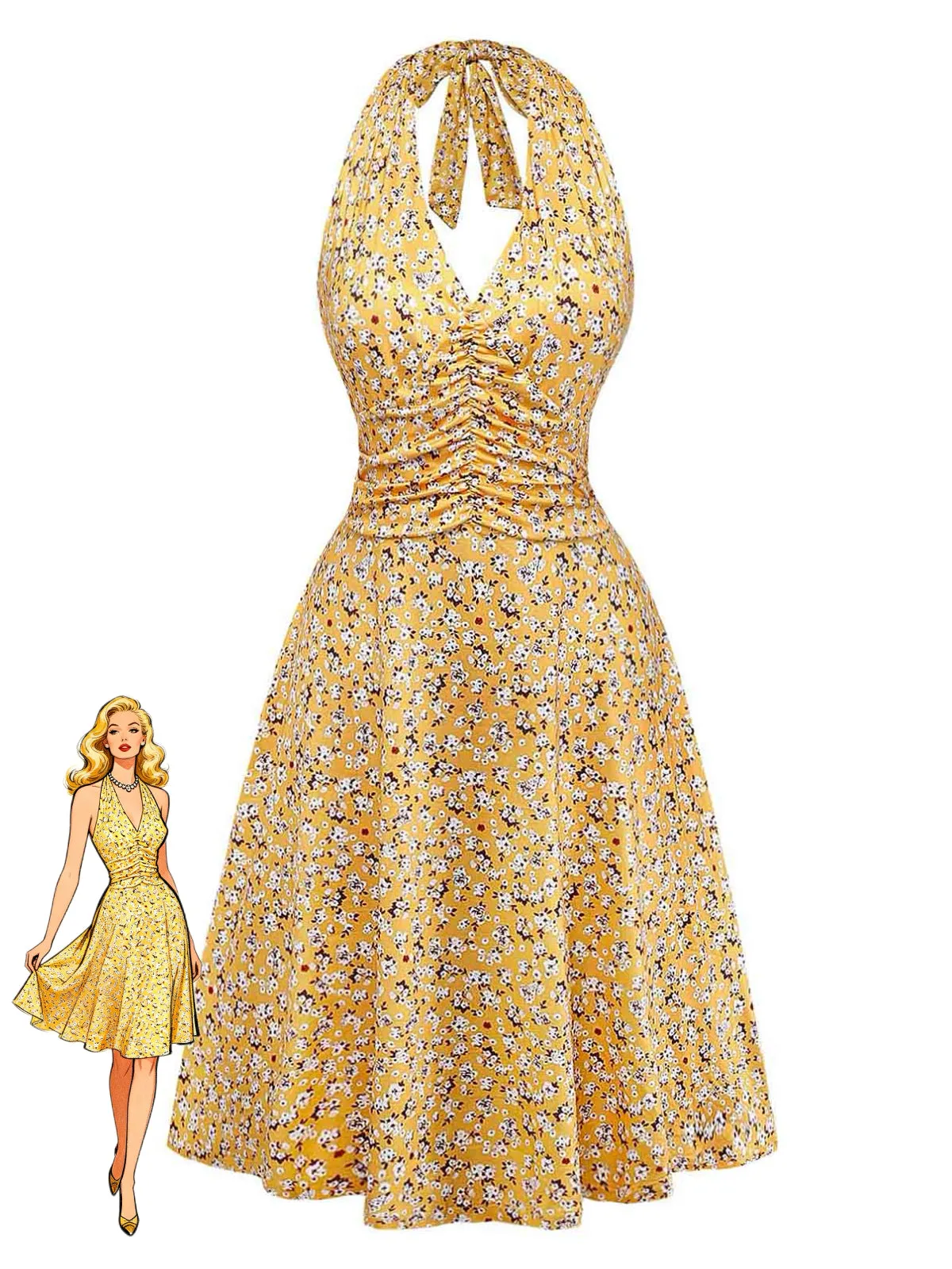 Yellow 1950s Ditsy Floral Halter Ruched Waist Dress sold by Retro Stage