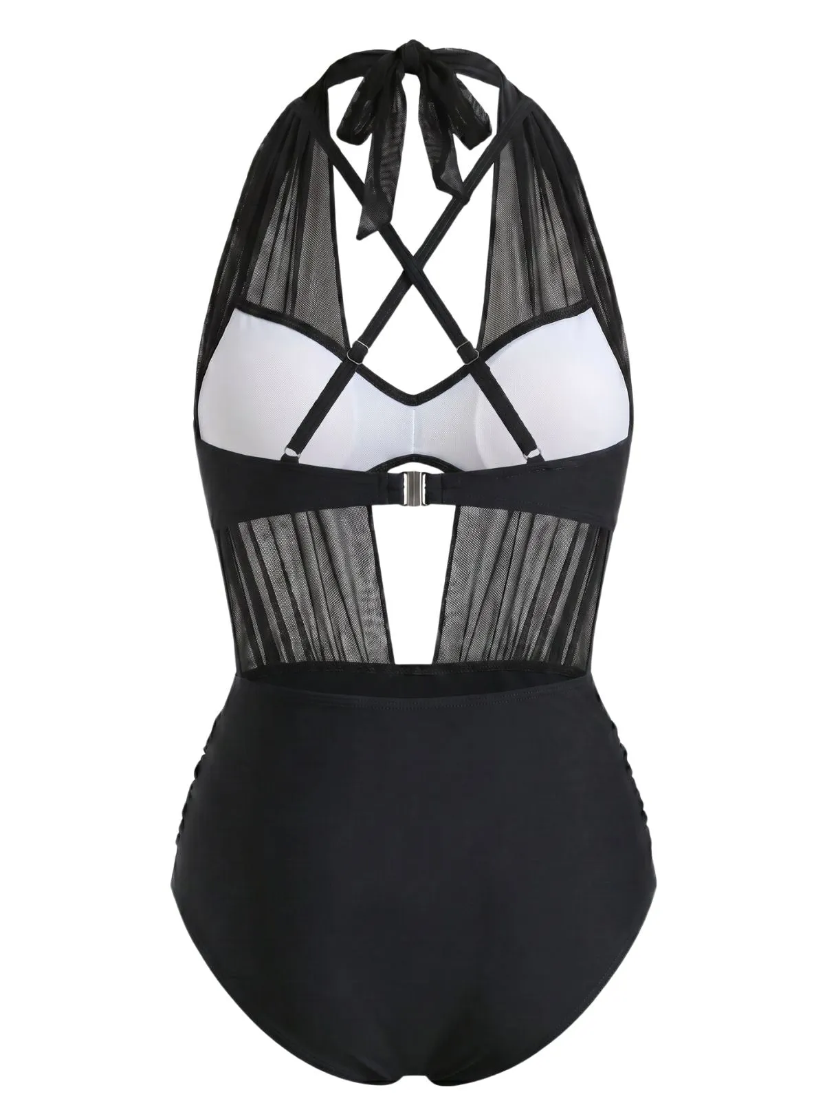 Black 1950s Mesh Halter Plunge Ruched Bikini Set sold by Retro Stage product image thumbnail 2