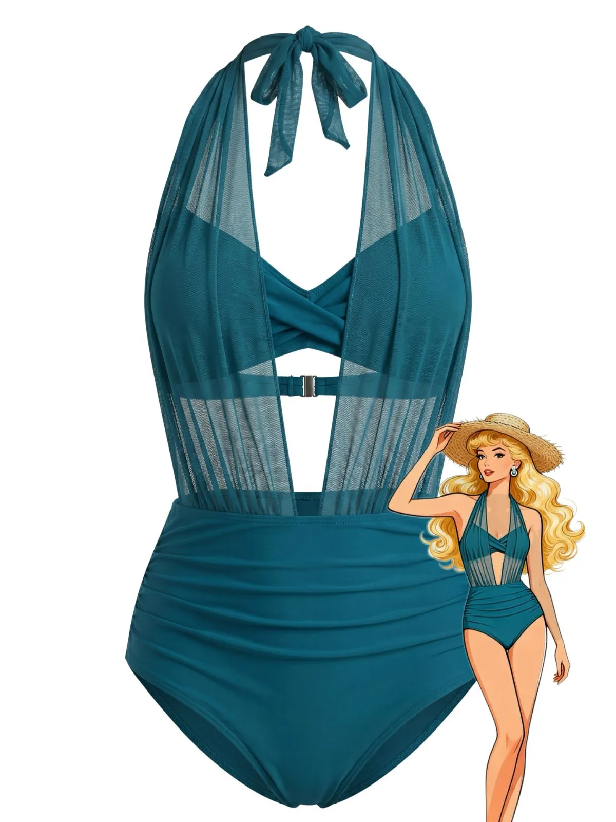 Black 1950s Mesh Halter Plunge Ruched Bikini Set sold by Retro Stage product image thumbnail 5
