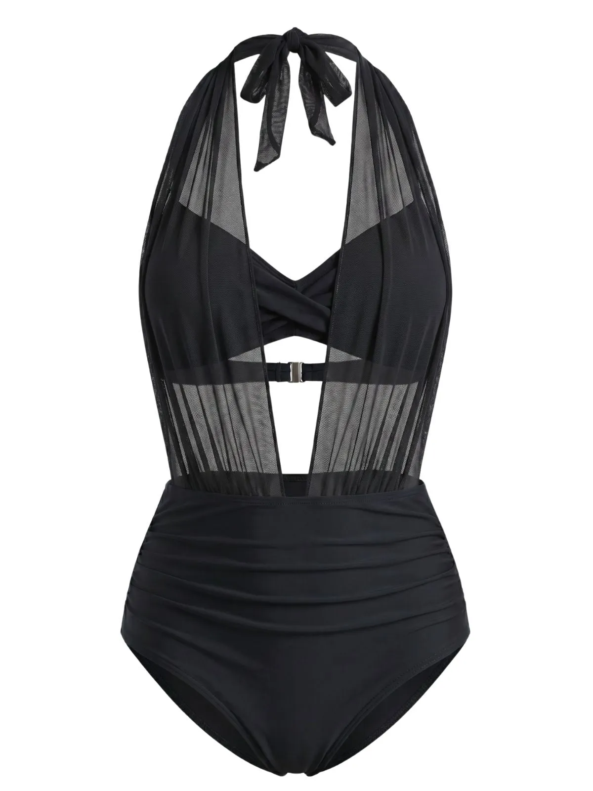 Black 1950s Mesh Halter Plunge Ruched Bikini Set sold by Retro Stage