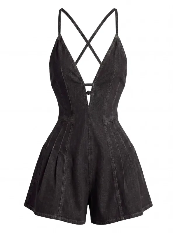 Black 1950s Cotton Denim Tie Back Strap Romper made by Retro Stage