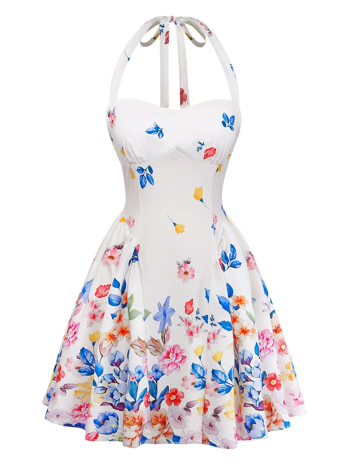 Pink 1950s Floral Halter Tie Neck Swing Mini Dress sold by Retro Stage product image thumbnail 3