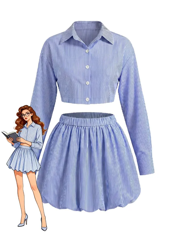 2PCS Blue 1960s Stripe Crop Shirt & Bubble Mini Skirt made by Retro Stage