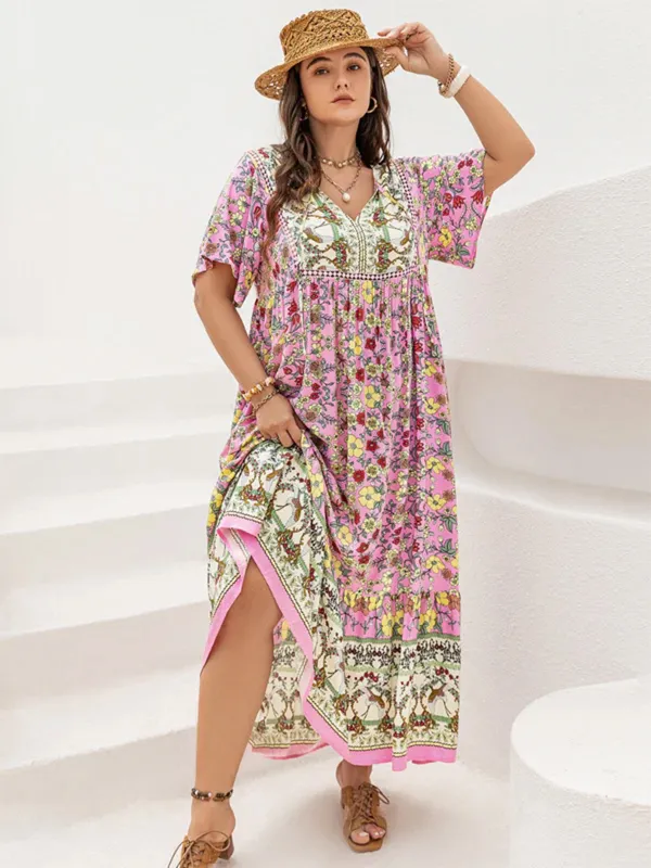 [Plus Size] Pink 1970s V-Neck Floral Boho Loose Dress made by Retro Stage