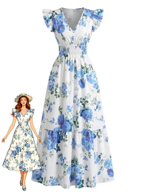 Blue 1940s Rose V-Neck Ruffle Cap Sleeve Dress made by Retro Stage