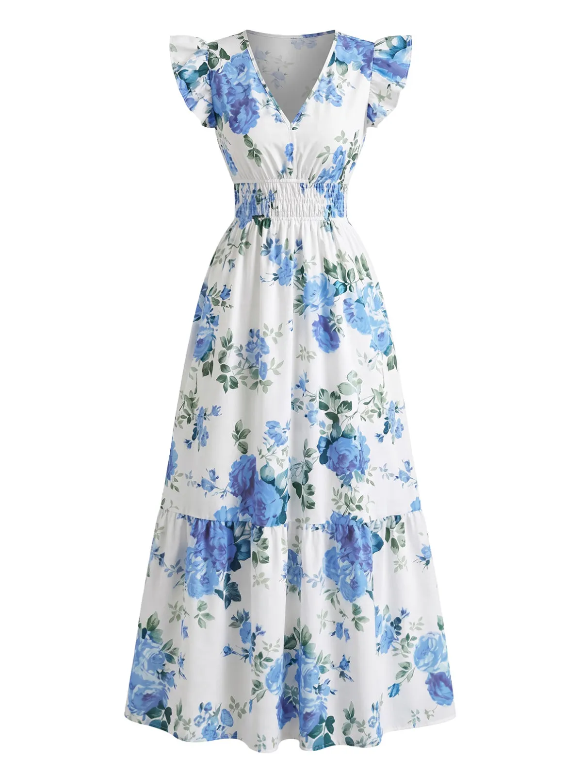 Blue 1940s Rose V-Neck Ruffle Cap Sleeve Dress sold by Retro Stage product image thumbnail 2