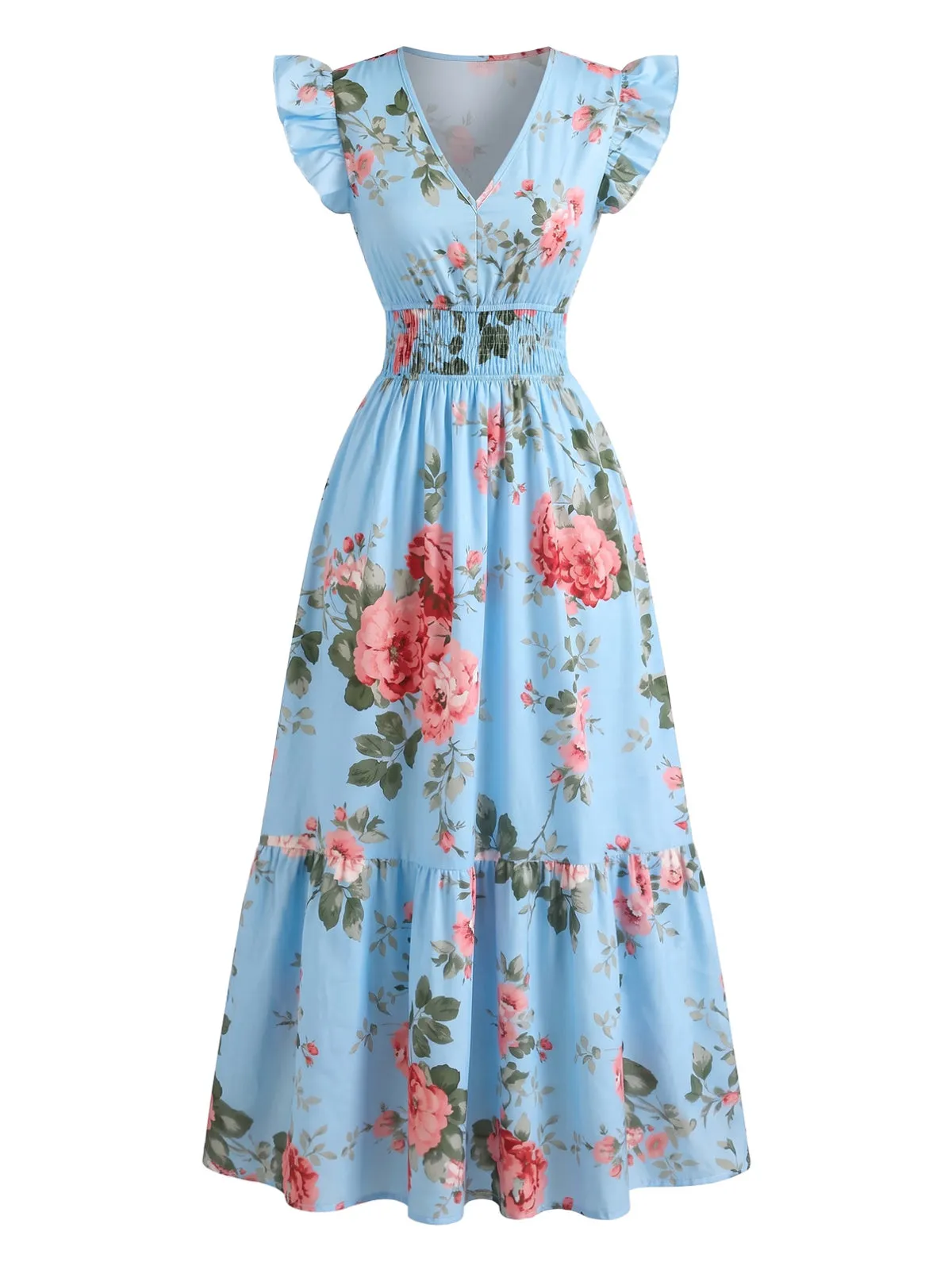 Blue 1940s Rose V-Neck Ruffle Cap Sleeve Dress sold by Retro Stage product image thumbnail 4