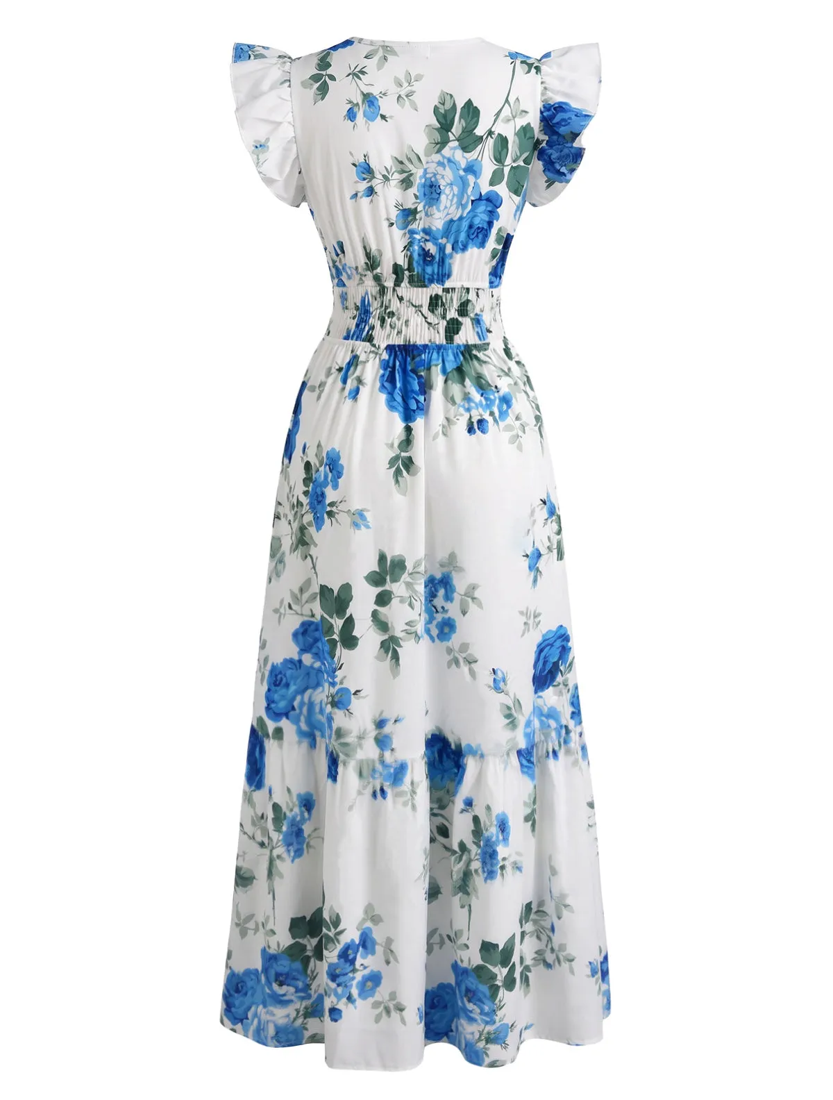 Blue 1940s Rose V-Neck Ruffle Cap Sleeve Dress sold by Retro Stage product image thumbnail 3