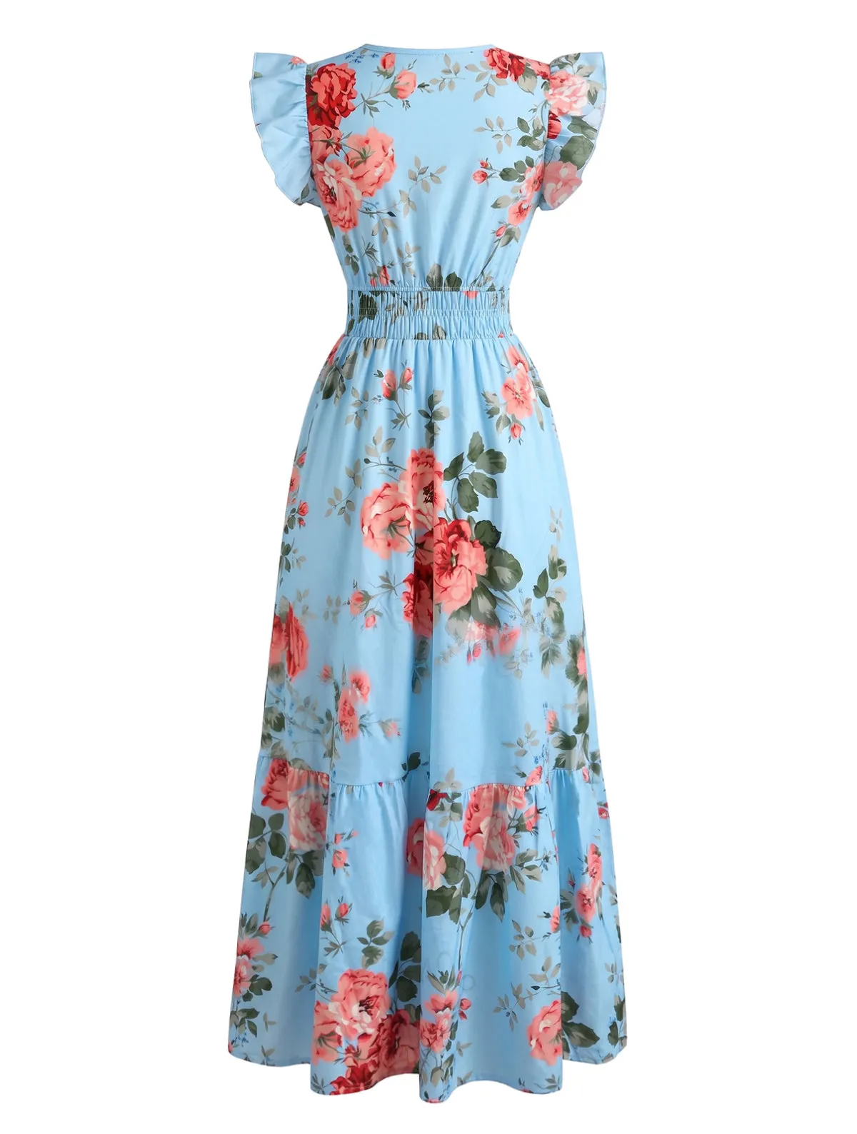 Blue 1940s Rose V-Neck Ruffle Cap Sleeve Dress sold by Retro Stage product image thumbnail 5