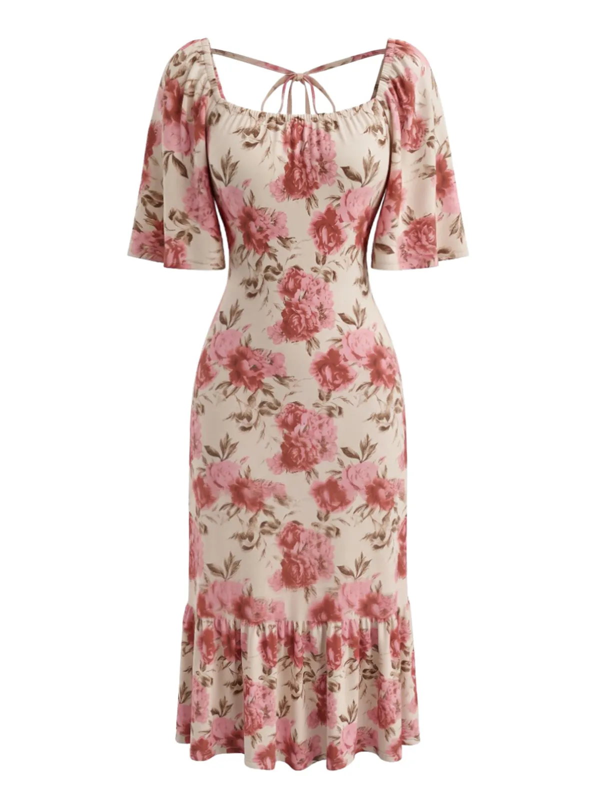 Pink 1930s Floral Tie Back Puff Sleeve Midi Dress sold by Retro Stage product image thumbnail 2