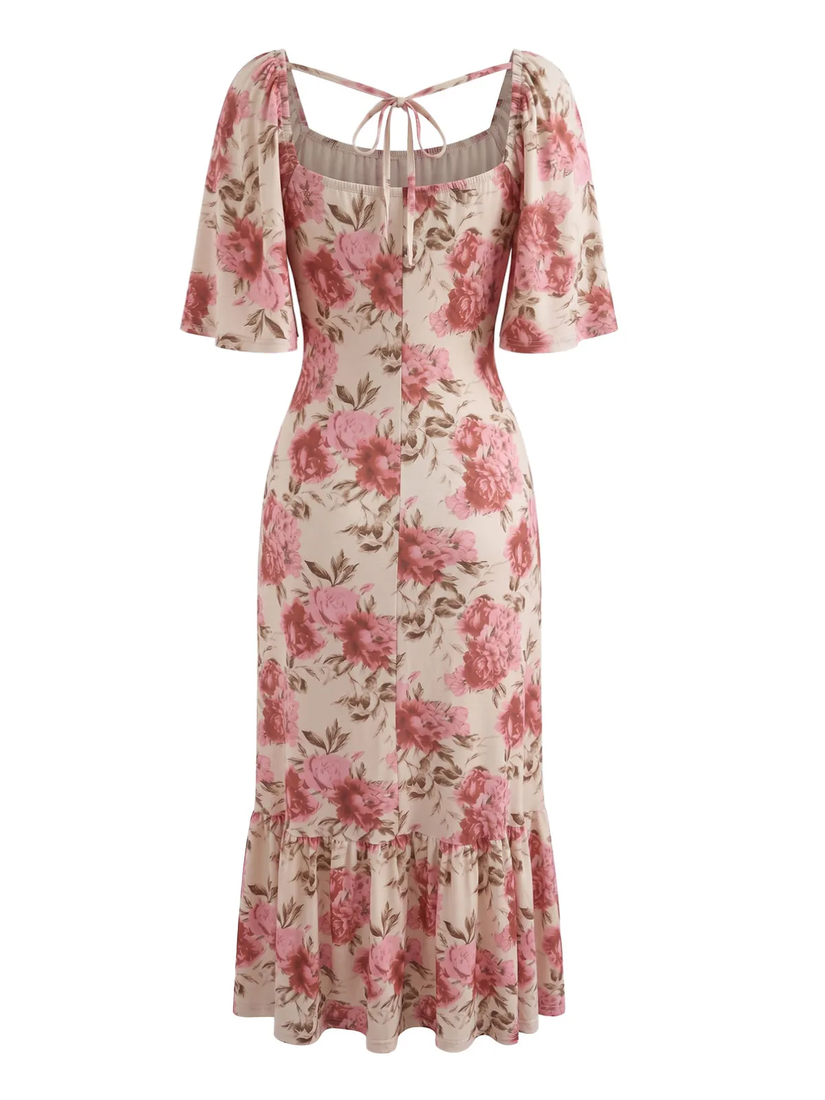 Pink 1930s Floral Tie Back Puff Sleeve Midi Dress sold by Retro Stage product image thumbnail 3