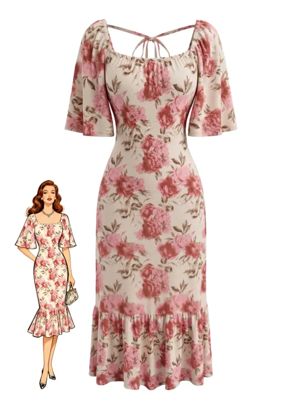 Pink 1930s Floral Tie Back Puff Sleeve Midi Dress made by Retro Stage