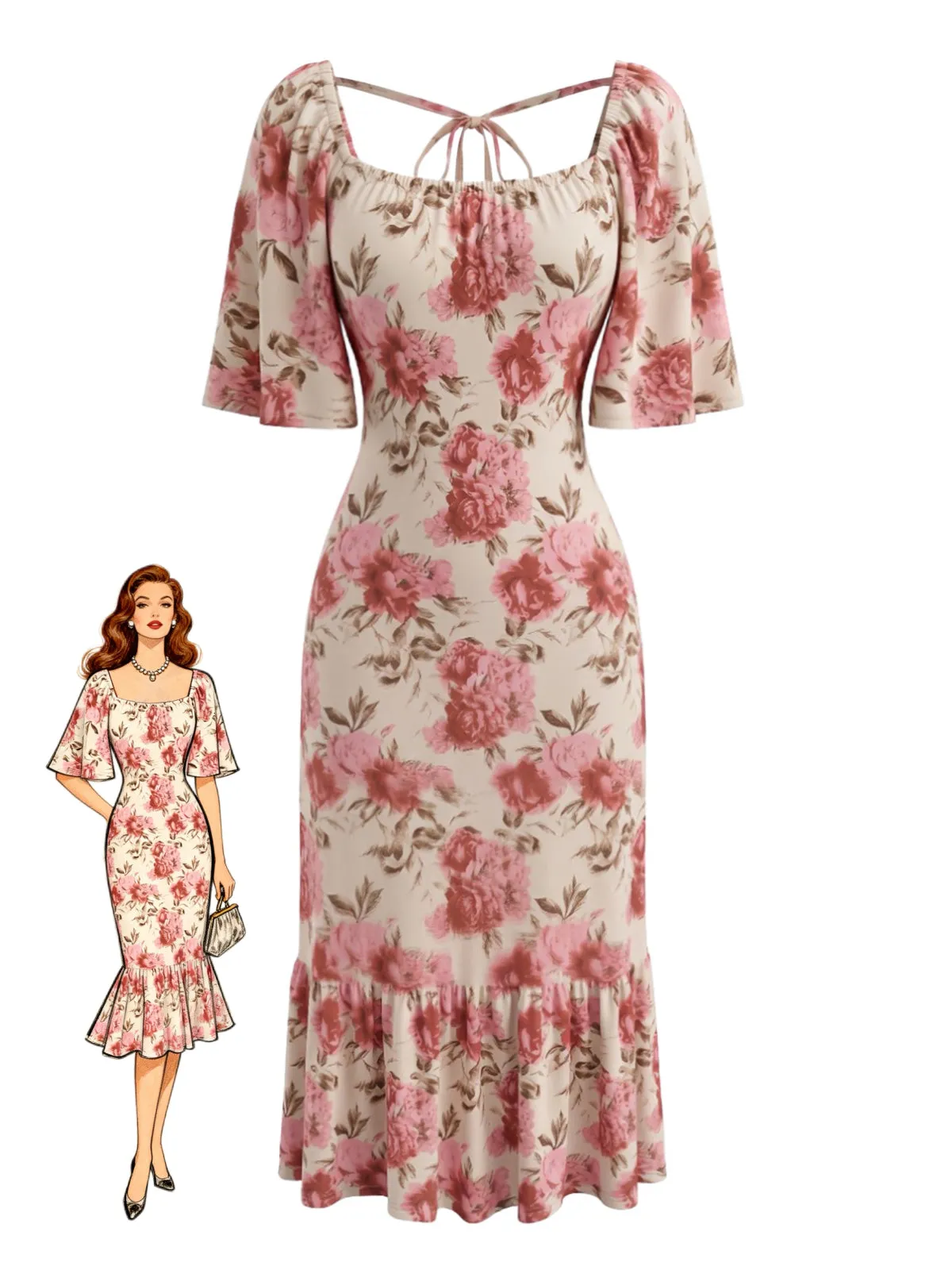 Pink 1930s Floral Tie Back Puff Sleeve Midi Dress sold by Retro Stage