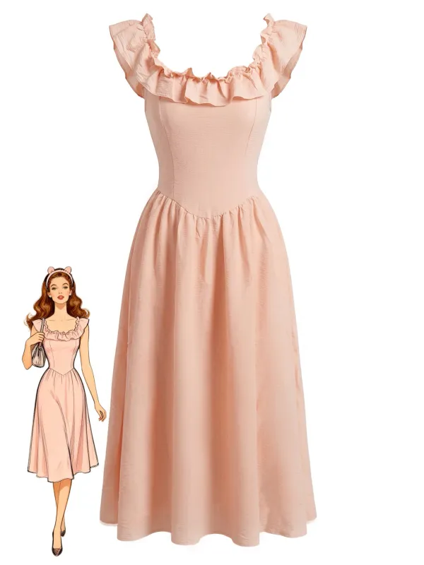Pink 1940s Square Neck Ruffle Smocked Dress made by Retro Stage